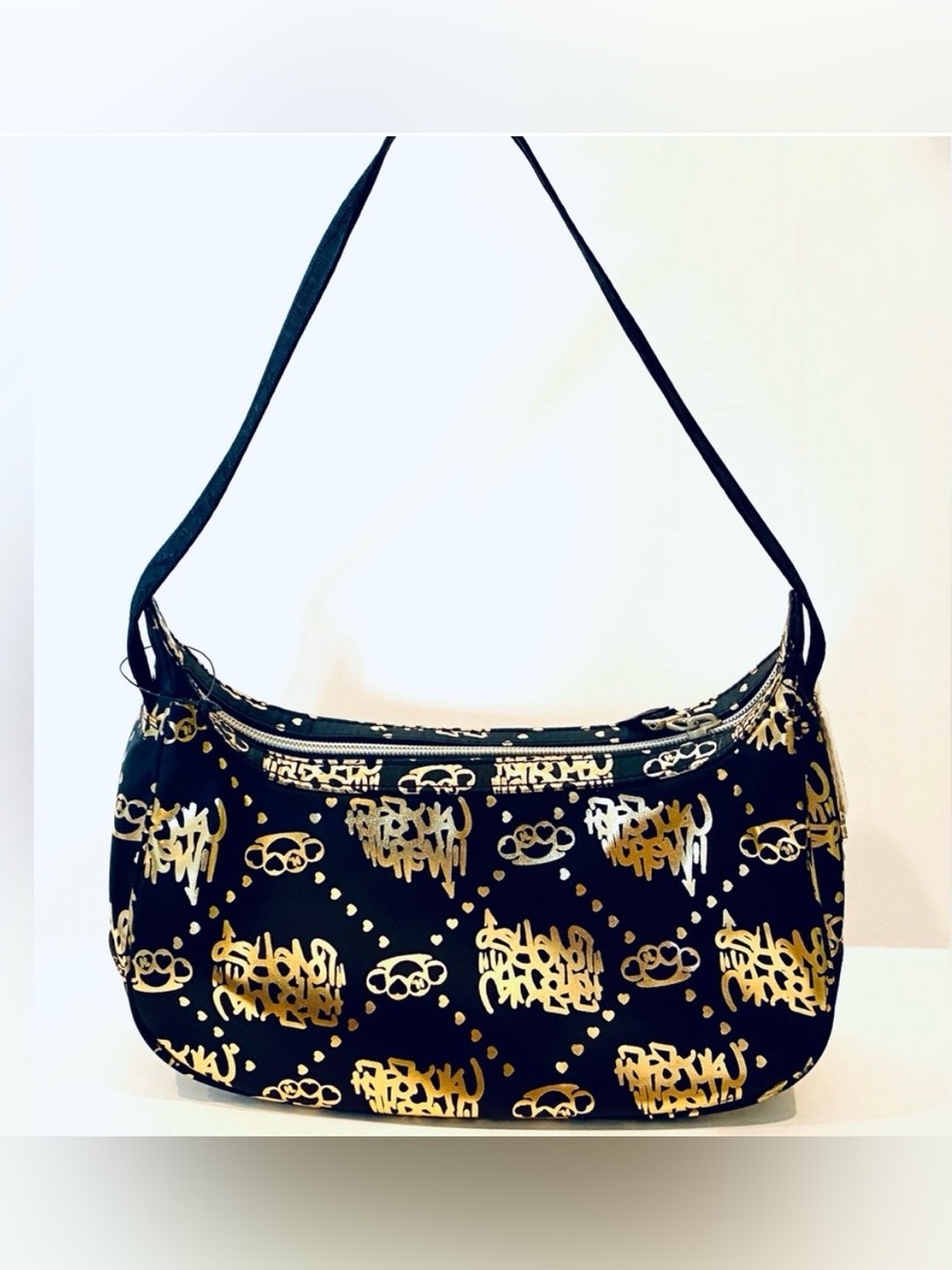 HARAJUKU LOVERS Black and Gold Mini Crescent Hobo Bag